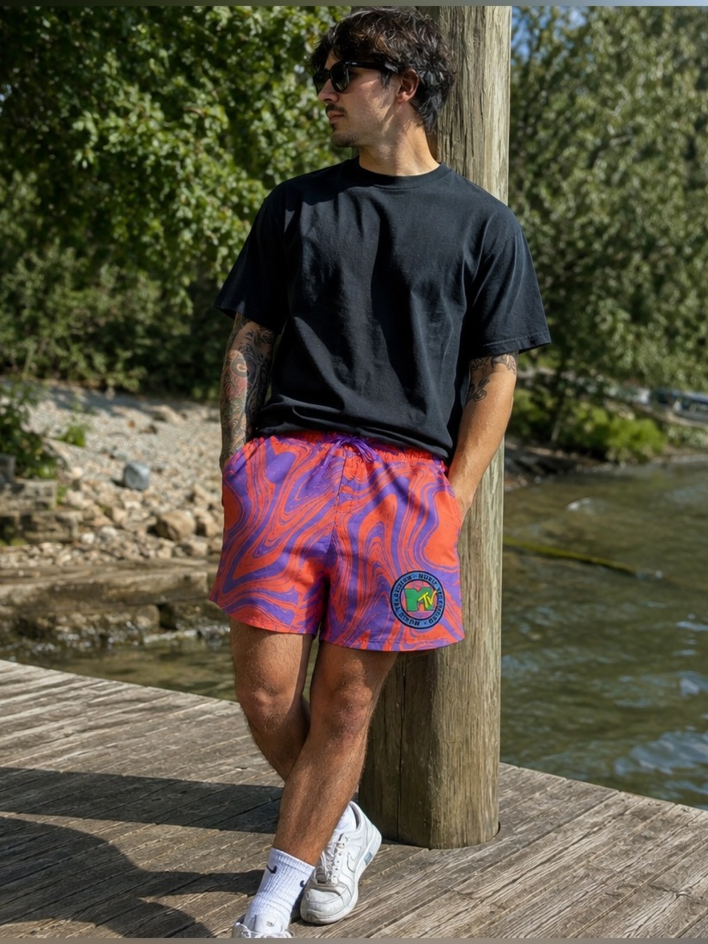 MTV Music Television Swim Trunks Mens Orange Purple Board Shorts NWT Large